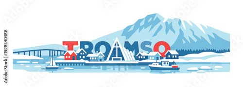 Letters forming coastal village scene with mountain and boats