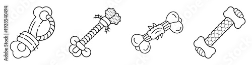 Black and white line art of four different dog bone toys