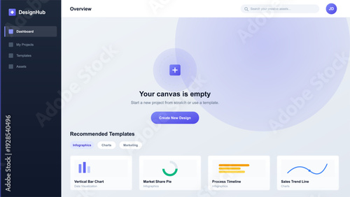 Modern software dashboard user interface for graphic design platform with empty canvas state and template recommendations