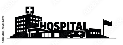 Hospital building with ambulance and flag in silhouette