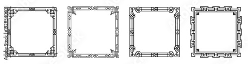 Four variations of intricate black border designs featuring geometric patterns and flourishes