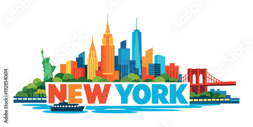 New york skyline with statue of liberty and brooklyn bridge