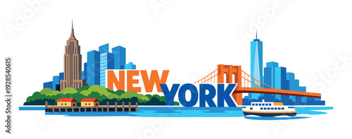 New york skyline illustration with ferry and waterfront