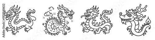 Collection of four cartoon style dragons in black outline on white background