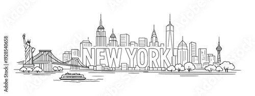 Monochrome new york skyline drawing with ferry and bridge
