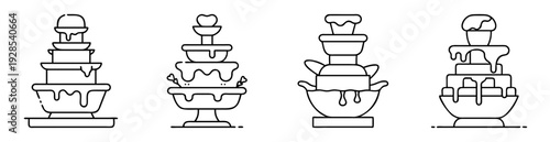 Four chocolate fountain vector icons in outline style, isolated on white