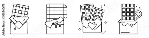 Collection of four outline style chocolate bar icons with various fillings