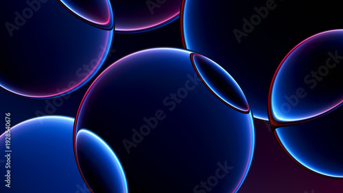 Foto Futuristic glowing neon glass spheres composition in dark space