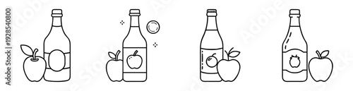 Minimalist line art illustration showcasing a variety of apple cider bottles