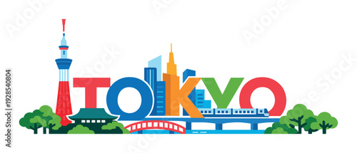 Tokyo letters forming skyline with train and bridge at waterfront