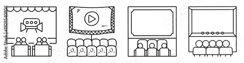 Various styles of cinema setups with screens and seating arrangement illustrations
