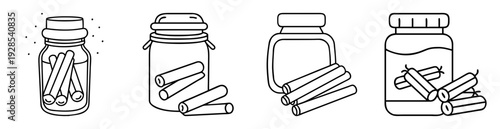 Four outline drawings of cinnamon sticks in spice jars of varying designs