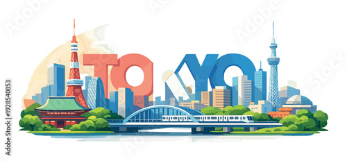 Tokyo skyline with bridge, train and modern towers by river