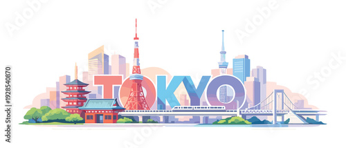 Tokyo skyline featuring enlarged text and train on waterfront