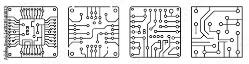 Illustration depicting four distinct types of printed circuit board designs in black and white