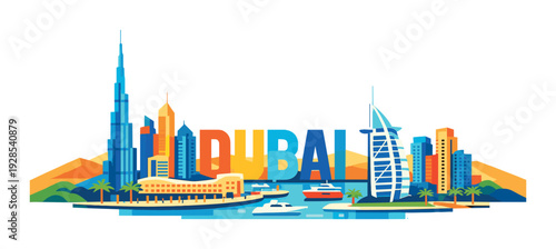 Dubai skyline with colorful lettering and yachts on waterfront