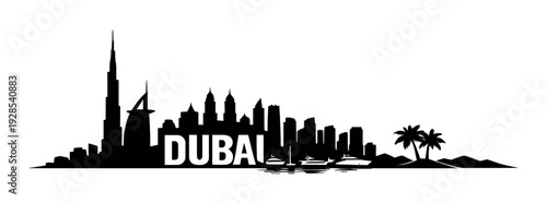 Silhouetted dubai skyline on dark waterfront with palms