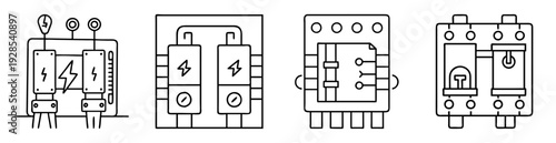 Simple line art illustration of electrical components, circuit breakers and devices