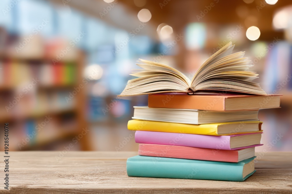 Fototapeta premium Stack of colorful books on wooden table