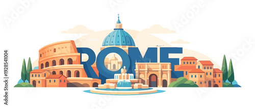 Rome landmarks arranged with fountain and dome in cityscape