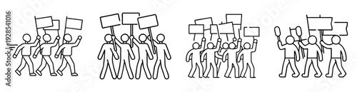 Vector illustration of several groups of stick figures holding signs and protesting