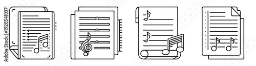 Collection of different musical sheet icons in black and white illustration