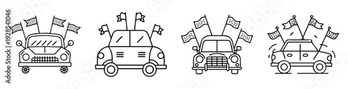 Black and white line art illustration of cars decorated with flags