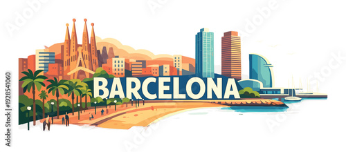 Barcelona sign displayed along beach promenade and skyline