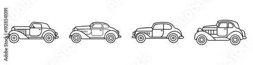 Line art illustration featuring a collection of vintage cars with unique designs