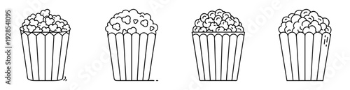Stylized black and white line drawing of various popcorn containers