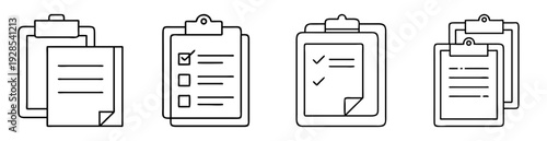 Collection of four clipboard outline icon designs with sheets of paper