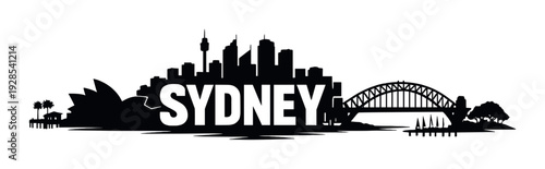 Sydney skyline silhouette with large text at waterfront