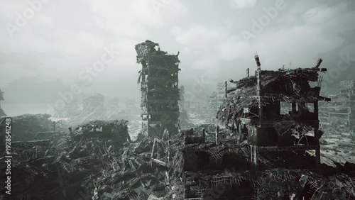 Billede på lærred Vined highrise overlooking reclaimed city with layered ruins and soft morning ha