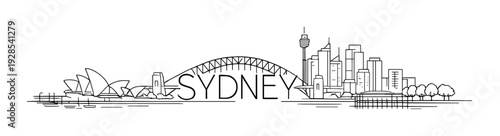 Sydney lettering displayed with sketch skyline and harbor