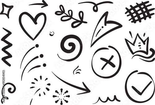 Collection of hand drawn black and white doodle icons and symbols