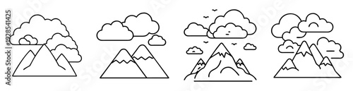 Simple Black and White Mountainscape Illustrations with Clouds and Minimalist Design