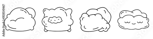 Line art illustration of fluffy cloudlike forms with different shapes and expressions