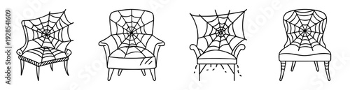 Vintage chairs covered in spooky spiderwebs, a Halloween haunted house design