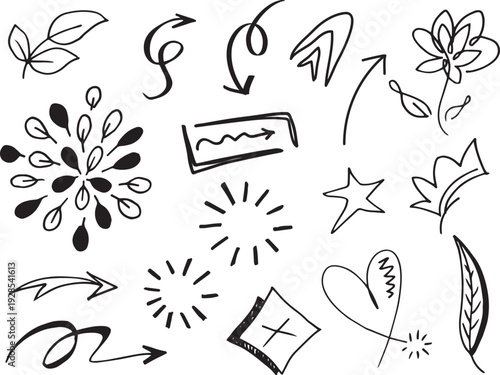 Collection of hand drawn arrows flowers and abstract shapes