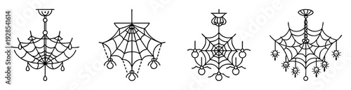 Outlined drawings of chandeliers with spiderwebs and small spider accents