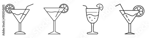 A series of minimalist line drawing illustrations of various cocktails with citrus garnishes