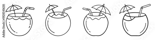 Four coconut drinks with straws and umbrellas in a black and white drawing