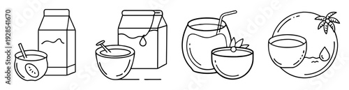 Collection of outline illustrations depicting coconut drinks and fresh coconut juices