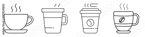 Coffee cups and disposable coffee cup vector line icon illustration design