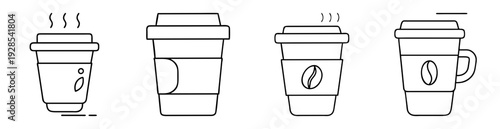 Simple vector outline illustration of assorted coffee cups in various shapes