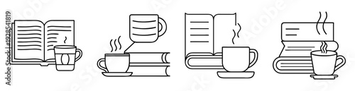Black and white line art depicting books and coffee cups