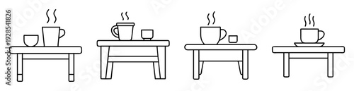 Black and white line art illustration of steaming hot cups on tables