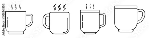 Four differently shaped steaming mugs depicted in simple line art style