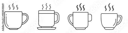Collection of four steaming mugs with varying shapes and designs icon