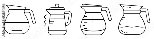 Four line art coffee pots with handles and varying designs, filled with liquid